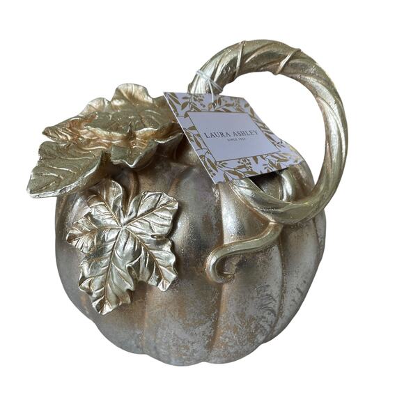 Laura Ashley Metallic Silver PUMPKIN With 3D Gold Leaf Detail 9" Fall Decor NEW - Picture 8 of 10